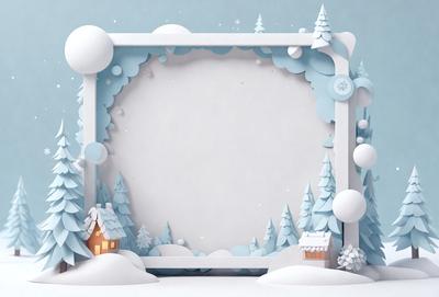 The primary subject of the image is a snowy scene featuring a picture frame with a blank canvas. The setting is a winter landscape, likely a snowy forest, with trees and snow-covered ground. The visual style is a combination of digital art and illustration, creating a whimsical and festive atmosphere. The colors and mood are predominantly white and blue, with a touch of green from the trees, giving the scene a serene and peaceful ambiance.